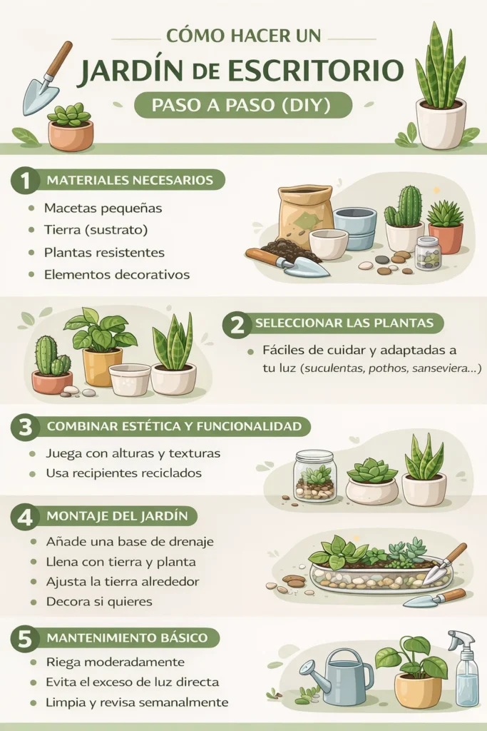 infografía sobre cómo hacer jardines de escritorio paso a paso