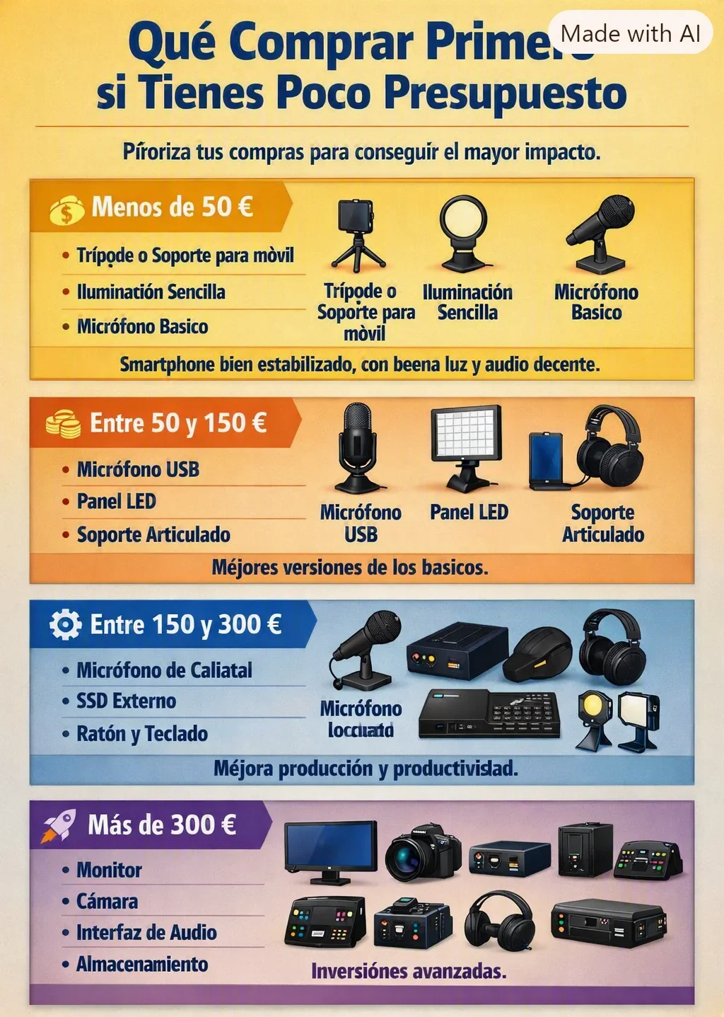 Qué comprar primero si tienes poco presupuesto para creadores de contenido con IA